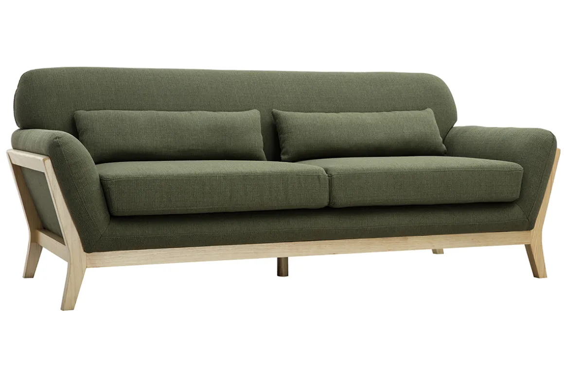 Miliboo Canapé Design|Voir Tous Les Canapés-Canapé scandinave 3 places en tissu vert kaki et bois clair YOKO