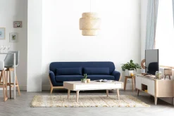 Miliboo Canapé Design|Voir Tous Les Canapés-Canapé scandinave 3 places en tissu bleu foncé et bois clair YOKO