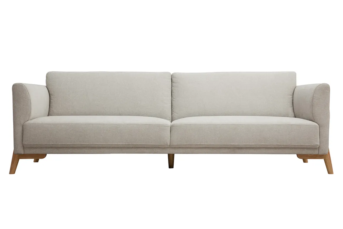 Miliboo Canapé Design|Voir Tous Les Canapés-Canapé scandinave 4 places en tissu effet velours texturé beige et bois clair SINDRO