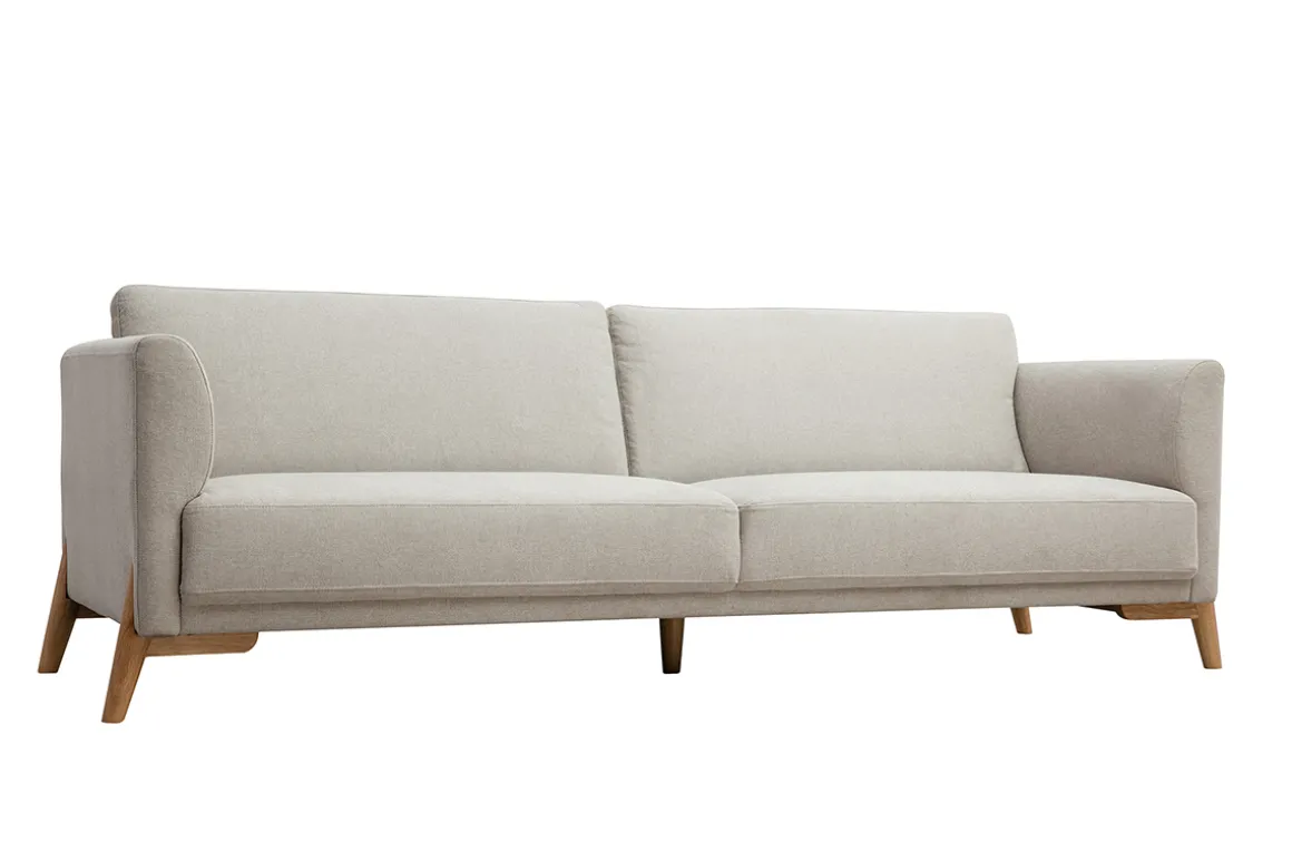 Miliboo Canapé Design|Voir Tous Les Canapés-Canapé scandinave 4 places en tissu effet velours texturé beige et bois clair SINDRO