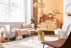 Miliboo Canapé Design|Voir Tous Les Canapés-Canapé scandinave 4 places en tissu effet velours texturé beige et bois clair SINDRO