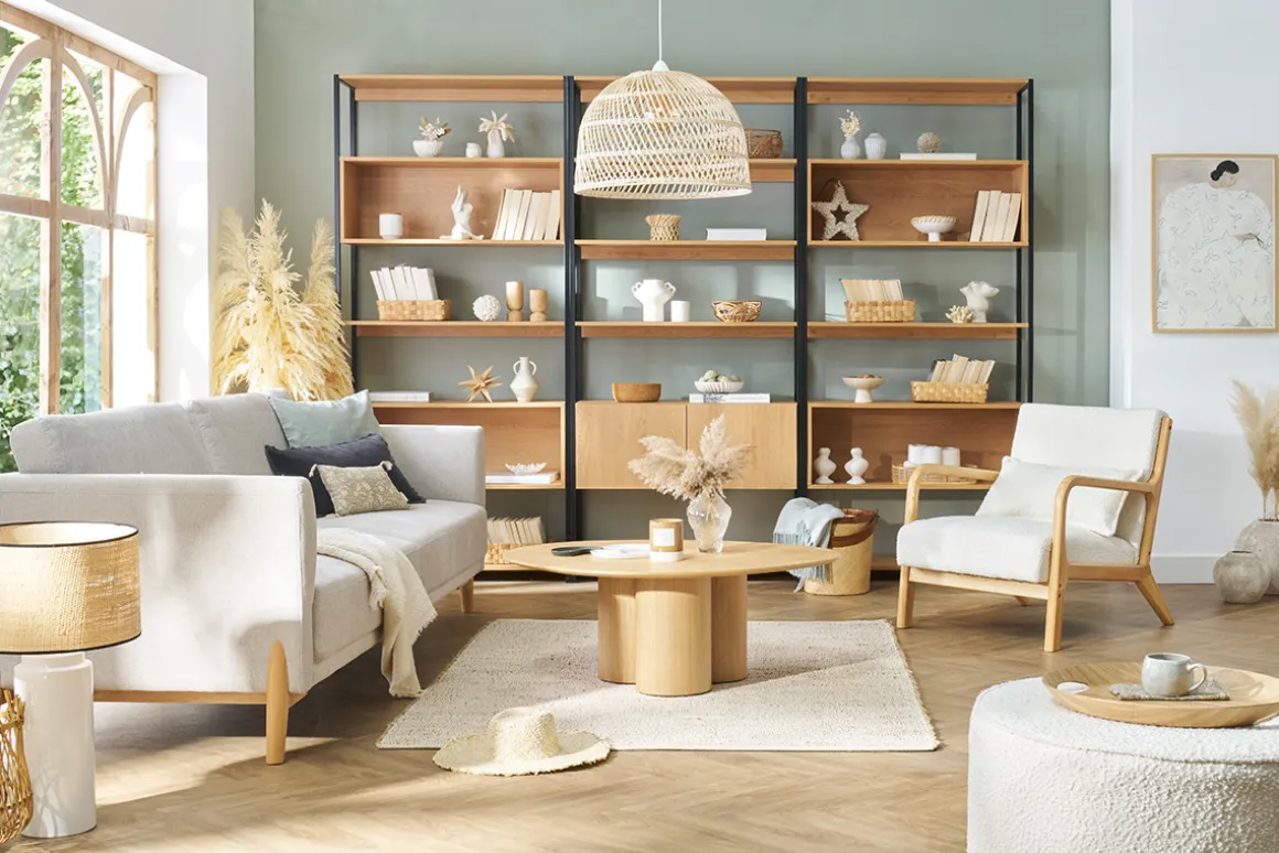 Miliboo Canapé Design|Voir Tous Les Canapés-Canapé scandinave 4 places en tissu effet velours texturé beige et bois clair SINDRO