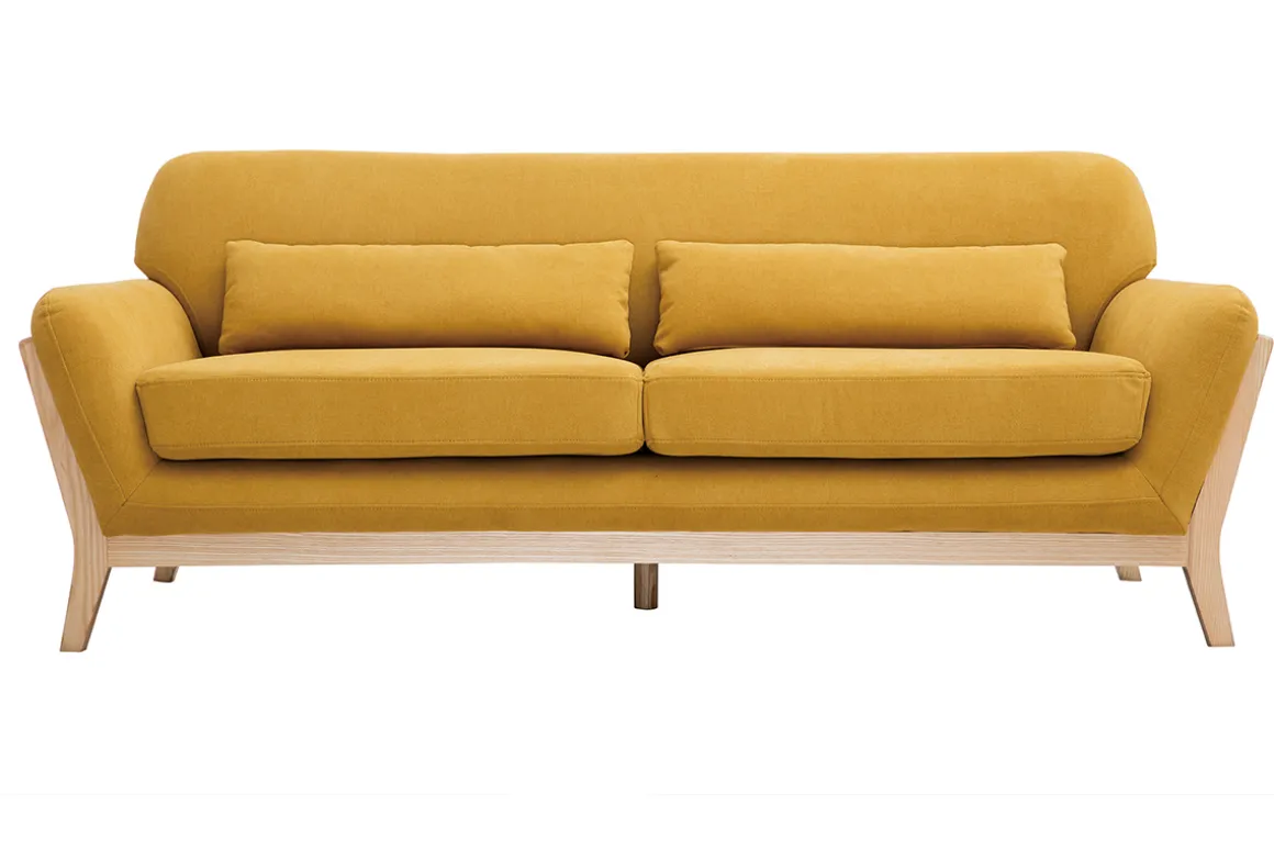Miliboo Canapé Design|Voir Tous Les Canapés-Canapé scandinave 3 places en tissu effet velours jaune moutarde et bois clair YOKO