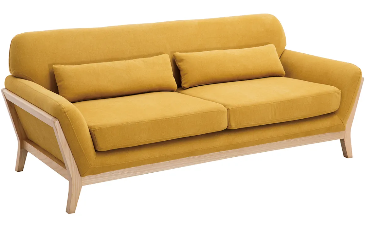 Miliboo Canapé Design|Voir Tous Les Canapés-Canapé scandinave 3 places en tissu effet velours jaune moutarde et bois clair YOKO