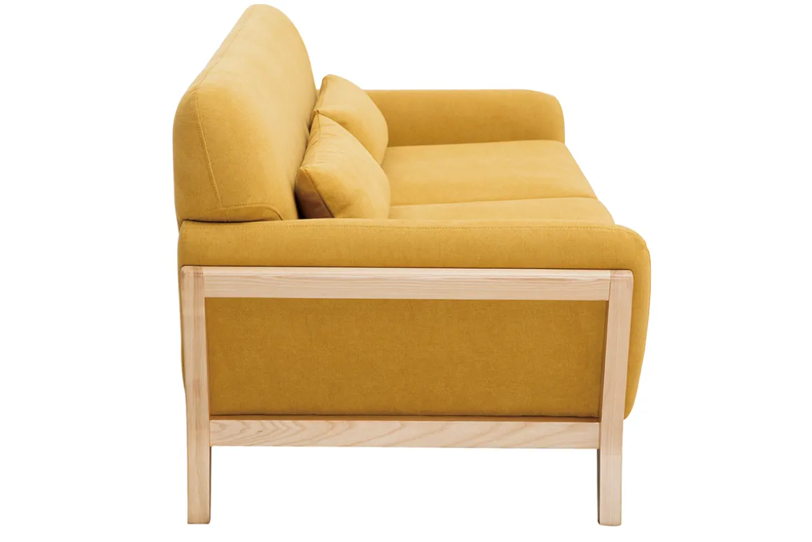 Miliboo Canapé Design|Voir Tous Les Canapés-Canapé scandinave 3 places en tissu effet velours jaune moutarde et bois clair YOKO