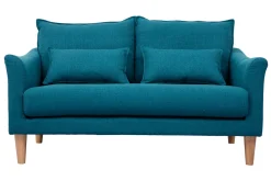 Miliboo Canapé Design|Voir Tous Les Canapés-Canapé scandinave 2 places en tissu bleu canard et bois clair KATE