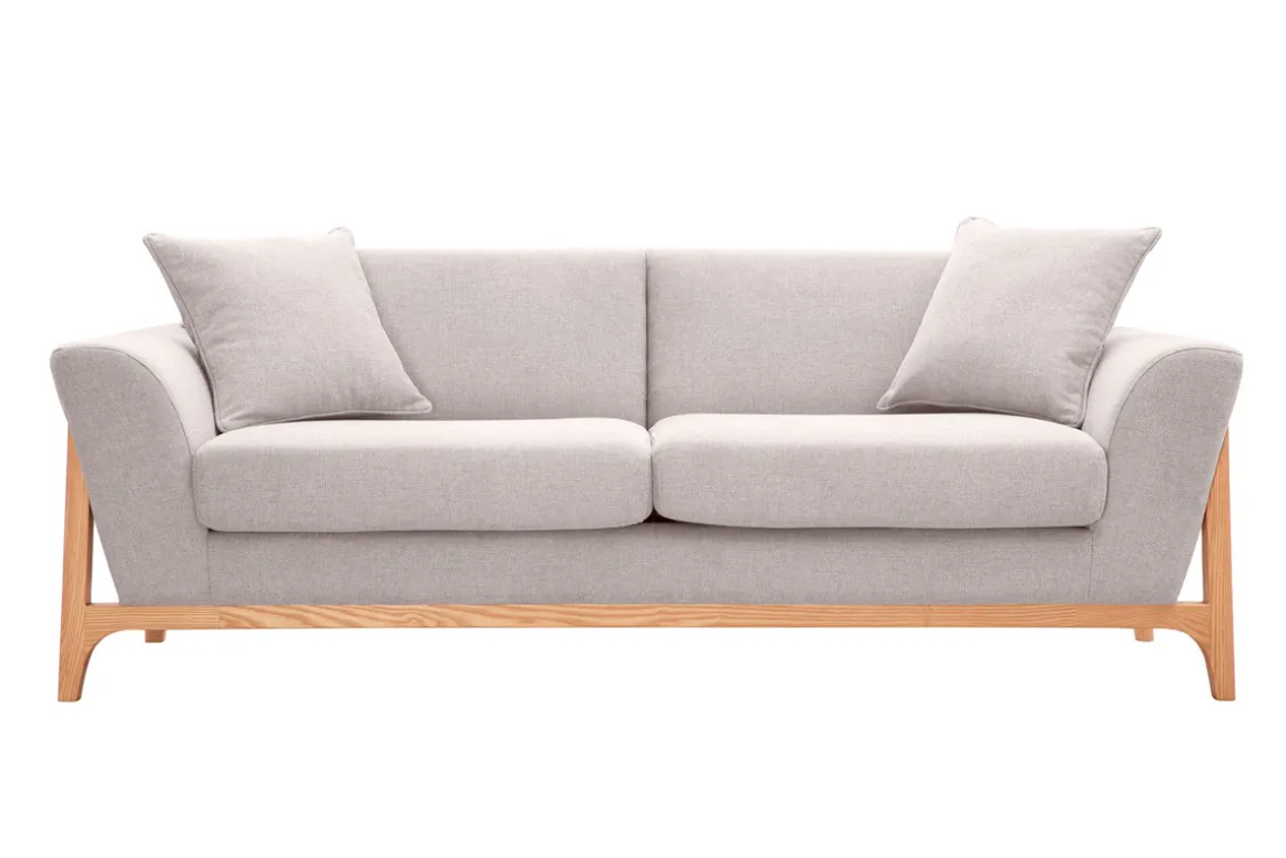 Miliboo Canapé Design|Voir Tous Les Canapés-Canapé scandinave 3 places en tissu effet velours texturé beige et bois clair ASAKO