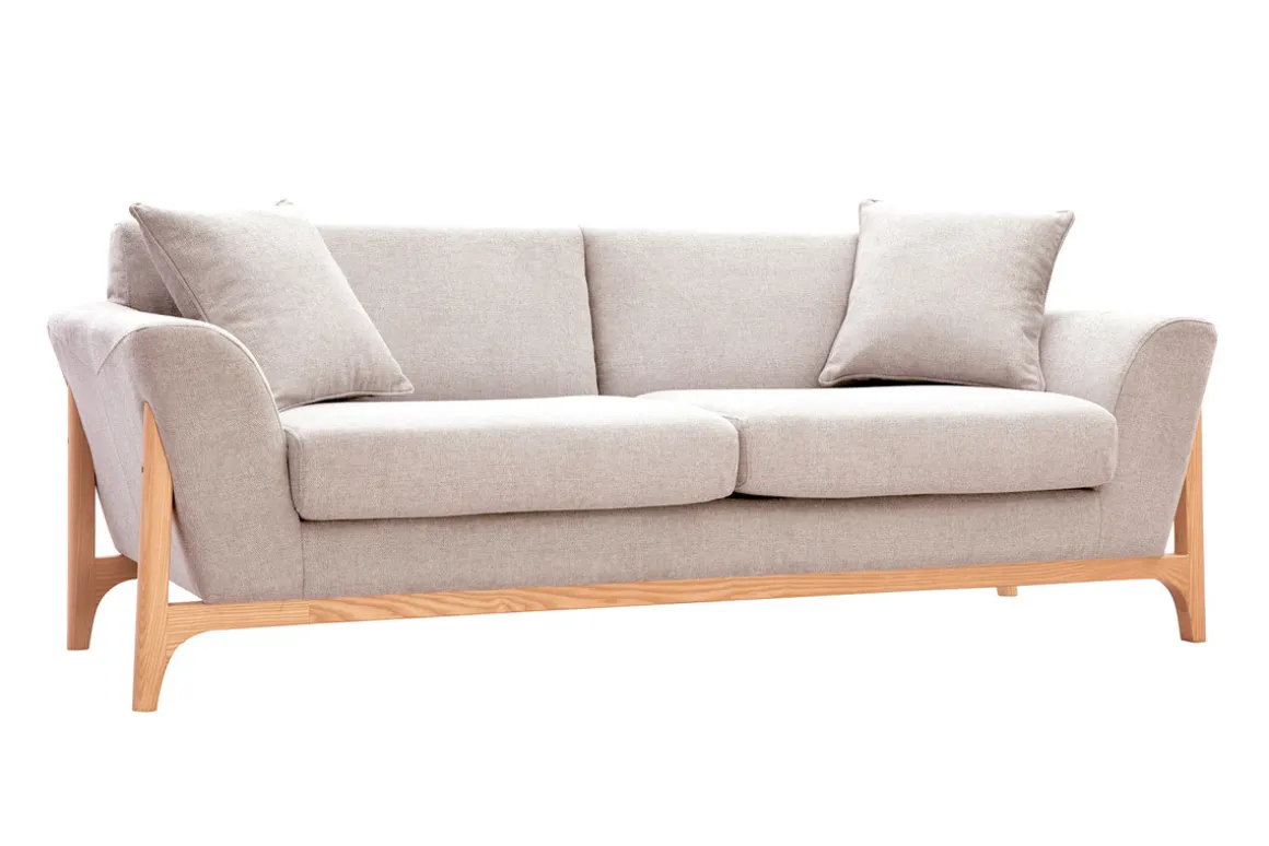 Miliboo Canapé Design|Voir Tous Les Canapés-Canapé scandinave 3 places en tissu effet velours texturé beige et bois clair ASAKO