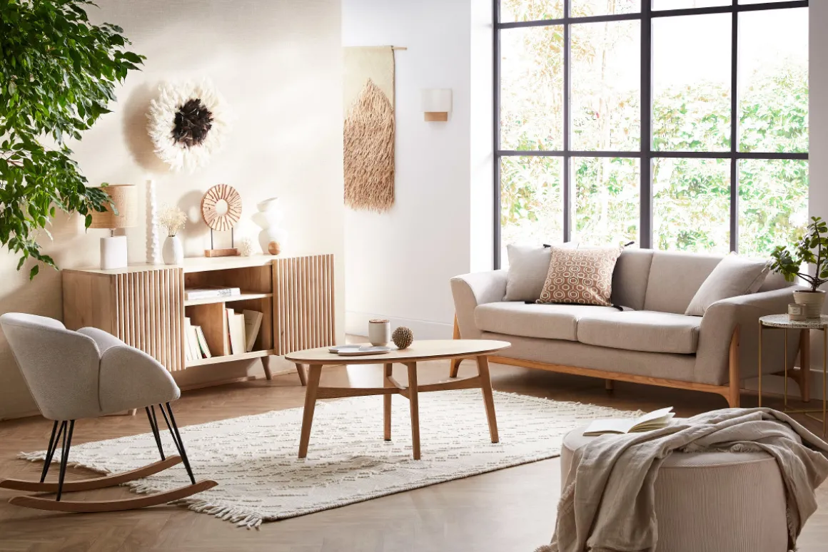 Miliboo Canapé Design|Voir Tous Les Canapés-Canapé scandinave 3 places en tissu effet velours texturé beige et bois clair ASAKO