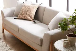 Miliboo Canapé Design|Voir Tous Les Canapés-Canapé scandinave 3 places en tissu effet velours texturé beige et bois clair ASAKO