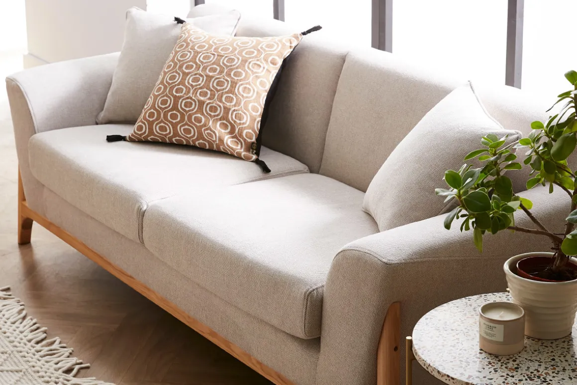 Miliboo Canapé Design|Voir Tous Les Canapés-Canapé scandinave 3 places en tissu effet velours texturé beige et bois clair ASAKO