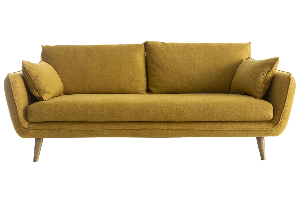 Miliboo Canapé Design|Voir Tous Les Canapés-Canapé scandinave 3 places en tissu jaune cumin et bois clair CREEP