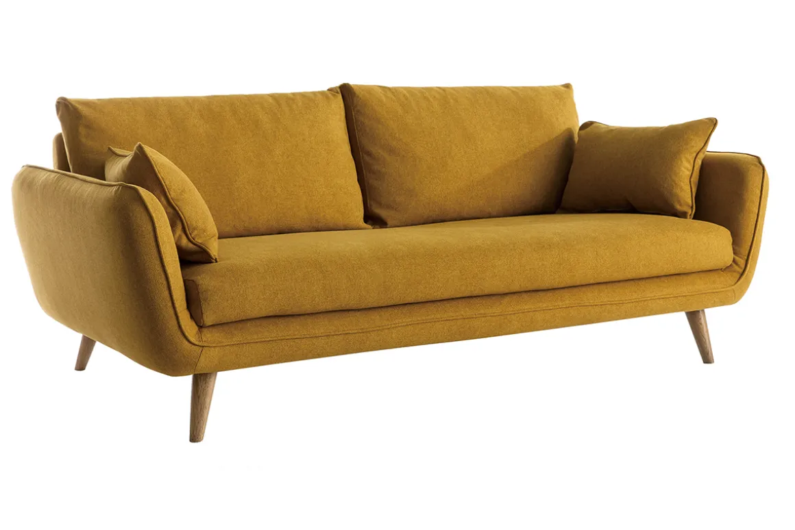 Miliboo Canapé Design|Voir Tous Les Canapés-Canapé scandinave 3 places en tissu jaune cumin et bois clair CREEP