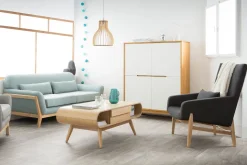 Miliboo Canapé Design|Voir Tous Les Canapés-Canapé scandinave 3 places en tissu vert lagon et bois clair YOKO