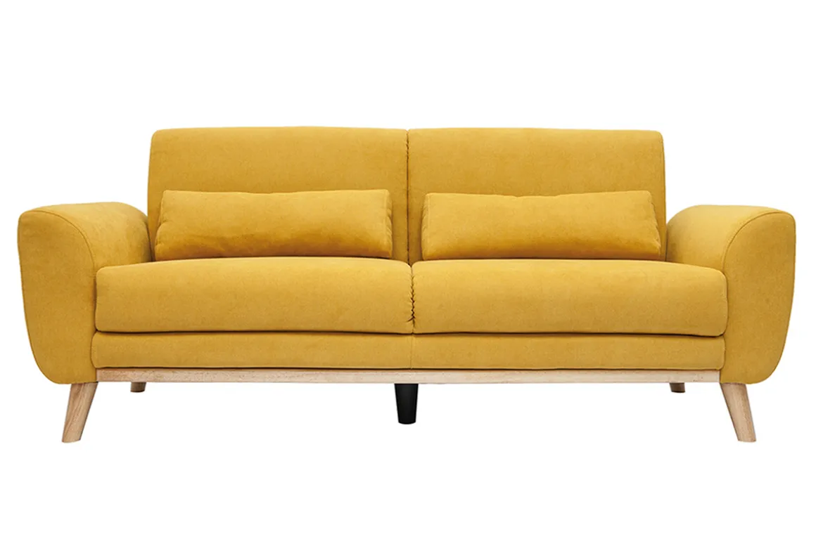 Miliboo Canapé Design|Voir Tous Les Canapés-Canapé scandinave 3 places en tissu effet velours jaune moutarde et bois clair EKTOR