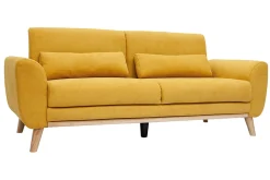 Miliboo Canapé Design|Voir Tous Les Canapés-Canapé scandinave 3 places en tissu effet velours jaune moutarde et bois clair EKTOR