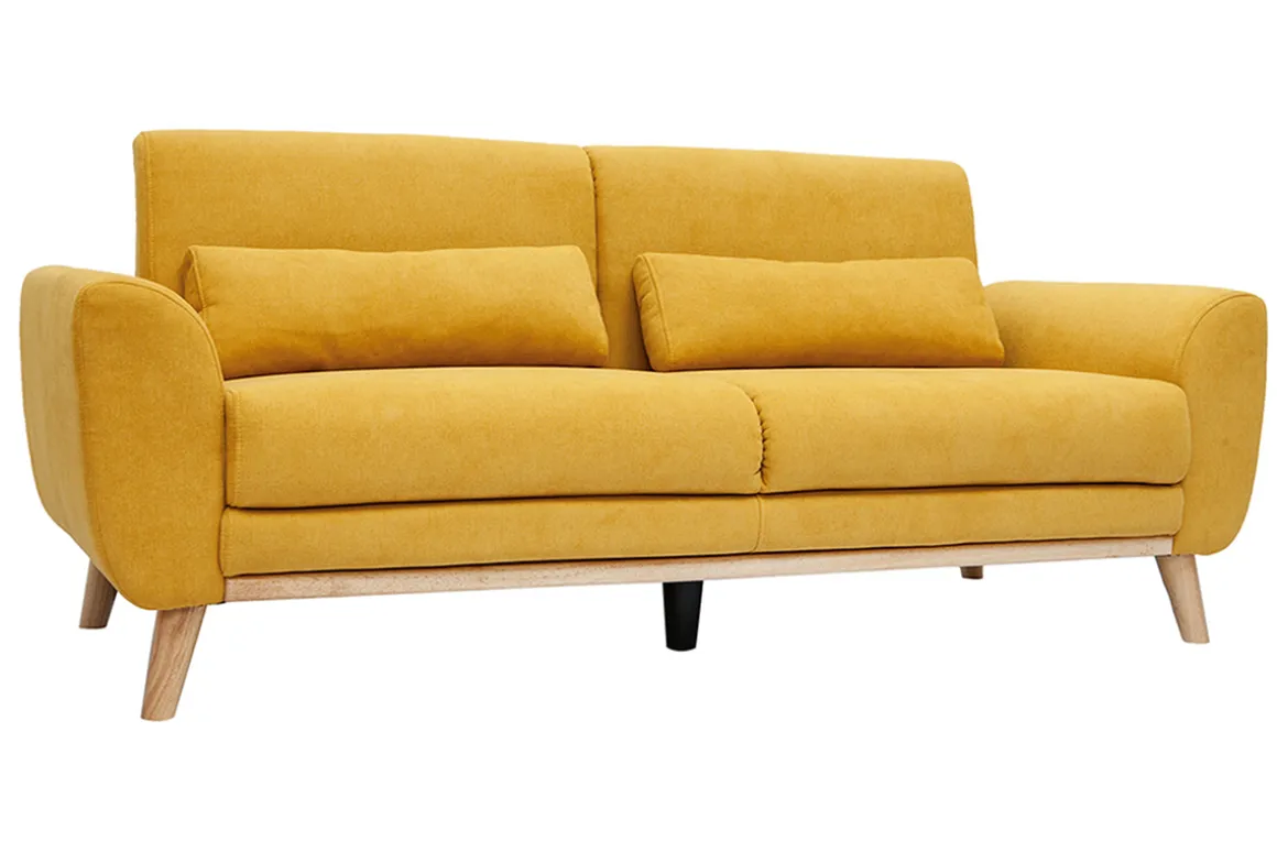 Miliboo Canapé Design|Voir Tous Les Canapés-Canapé scandinave 3 places en tissu effet velours jaune moutarde et bois clair EKTOR