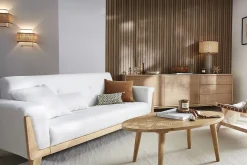 Miliboo Canapé Design|Voir Tous Les Canapés-Canapé scandinave 3 places en tissu blanc cassé et bois clair FJORD