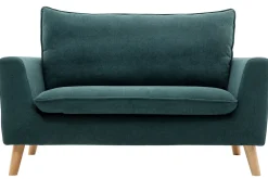 Miliboo Canapé Design|Voir Tous Les Canapés-Canapé scandinave 2 places en tissu effet velours bleu canard et bois clair JONAS