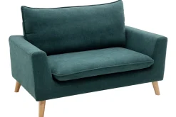 Miliboo Canapé Design|Voir Tous Les Canapés-Canapé scandinave 2 places en tissu effet velours bleu canard et bois clair JONAS