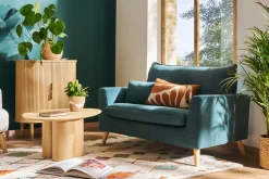 Miliboo Canapé Design|Voir Tous Les Canapés-Canapé scandinave 2 places en tissu effet velours bleu canard et bois clair JONAS