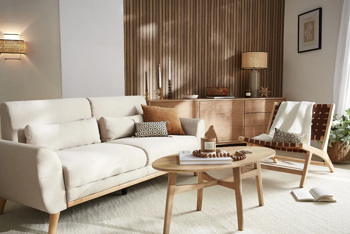 Miliboo Canapé Design|Voir Tous Les Canapés-Canapé scandinave 3 places en tissu beige et bois clair EKTOR