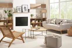 Miliboo Canapé Design|Voir Tous Les Canapés-Canapé scandinave 3 places en tissu effet velours texturé beige et bois clair FREEMA