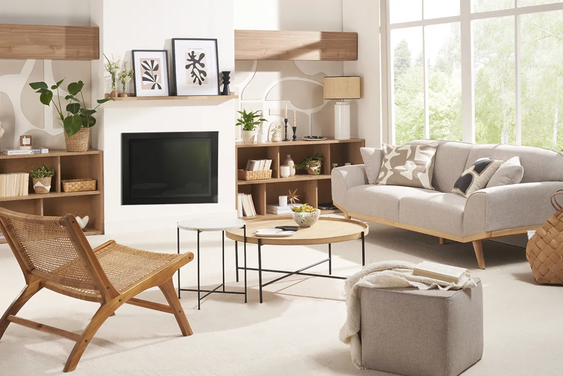 Miliboo Canapé Design|Voir Tous Les Canapés-Canapé scandinave 3 places en tissu effet velours texturé beige et bois clair FREEMA