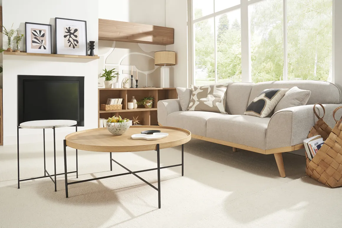 Miliboo Canapé Design|Voir Tous Les Canapés-Canapé scandinave 3 places en tissu effet velours texturé beige et bois clair FREEMA