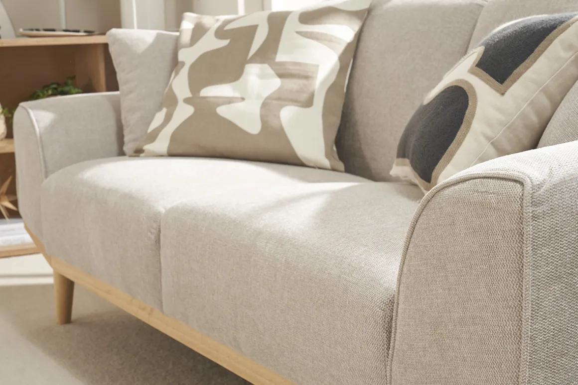 Miliboo Canapé Design|Voir Tous Les Canapés-Canapé scandinave 3 places en tissu effet velours texturé beige et bois clair FREEMA