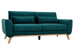 Miliboo Canapé Design|Voir Tous Les Canapés-Canapé scandinave 3 places en tissu velours bleu canard et bois clair EKTOR