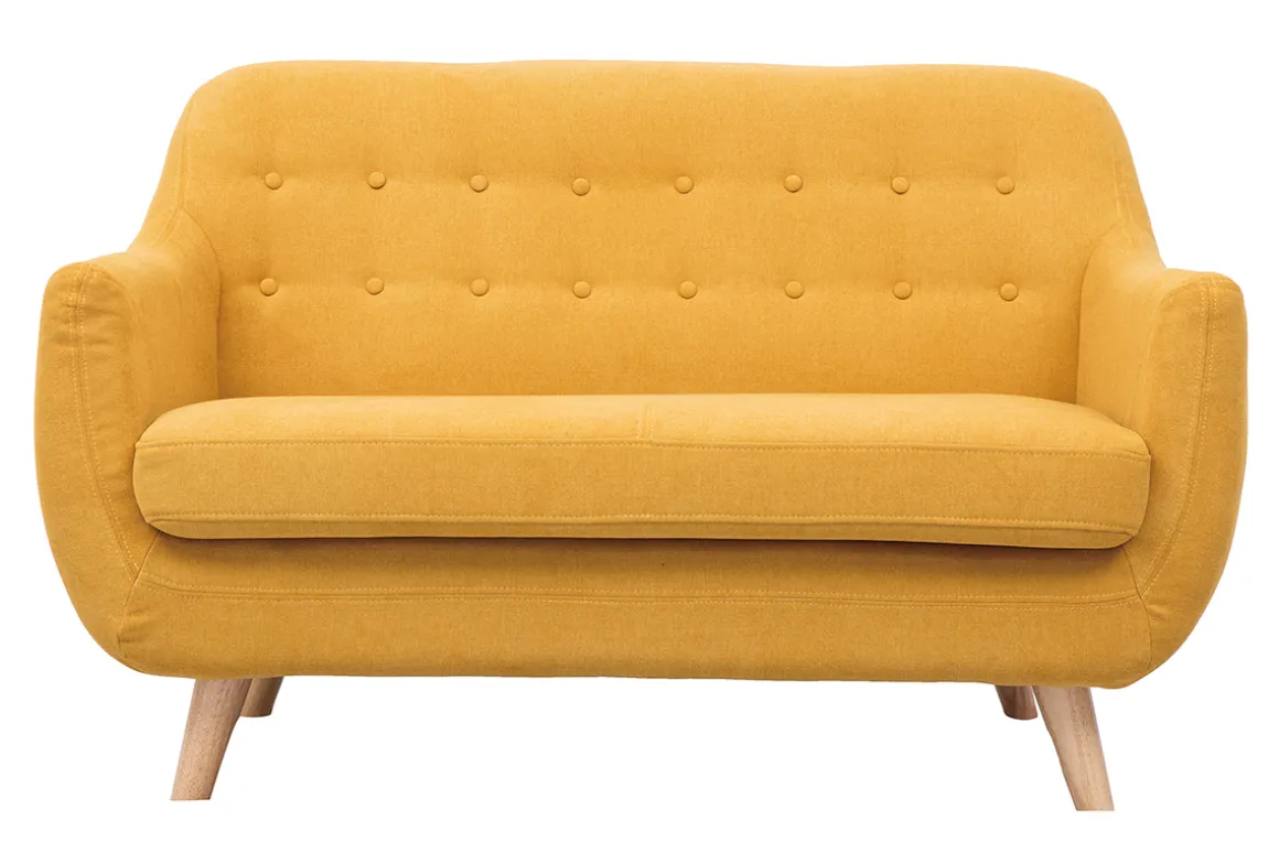 Miliboo Canapé Design|Voir Tous Les Canapés-Canapé scandinave déhoussable 2 places en tissu effet velours jaune moutarde et bois clair YNOK