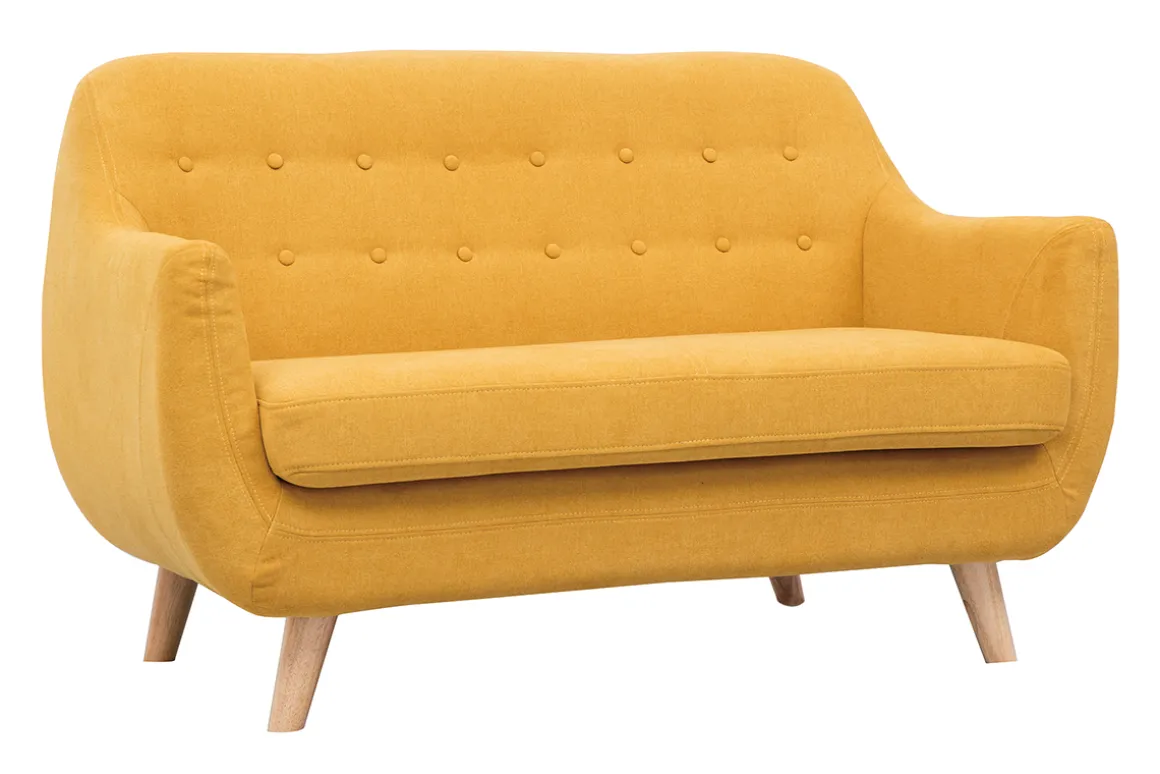 Miliboo Canapé Design|Voir Tous Les Canapés-Canapé scandinave déhoussable 2 places en tissu effet velours jaune moutarde et bois clair YNOK