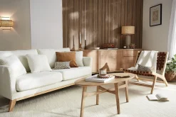 Miliboo Canapé Design|Voir Tous Les Canapés-Canapé scandinave déhoussable 3 places en tissu effet laine bouclée blanc cassé et bois clair OSLO