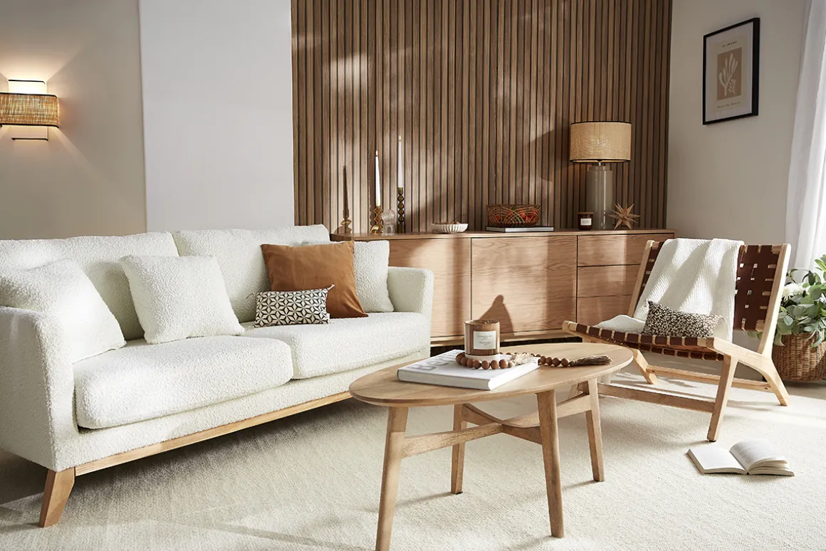 Miliboo Canapé Design|Voir Tous Les Canapés-Canapé scandinave déhoussable 3 places en tissu effet laine bouclée blanc cassé et bois clair OSLO