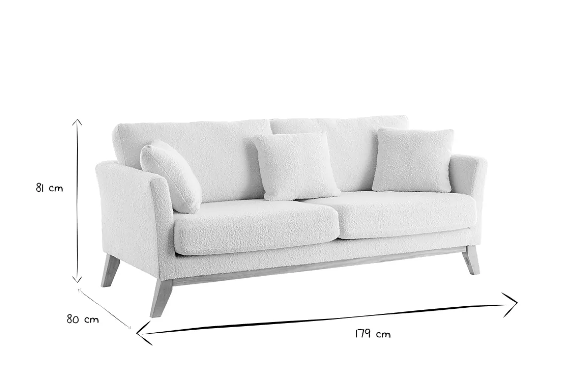 Miliboo Canapé Design|Voir Tous Les Canapés-Canapé scandinave déhoussable 3 places en tissu effet laine bouclée blanc cassé et bois clair OSLO