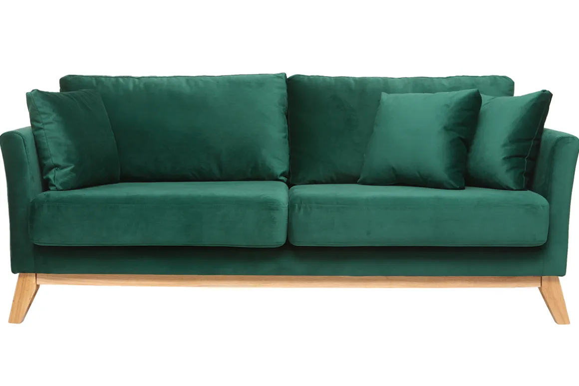 Miliboo Canapé Design|Voir Tous Les Canapés-Canapé scandinave déhoussable 3 places en tissu velours vert émeraude et bois clair OSLO
