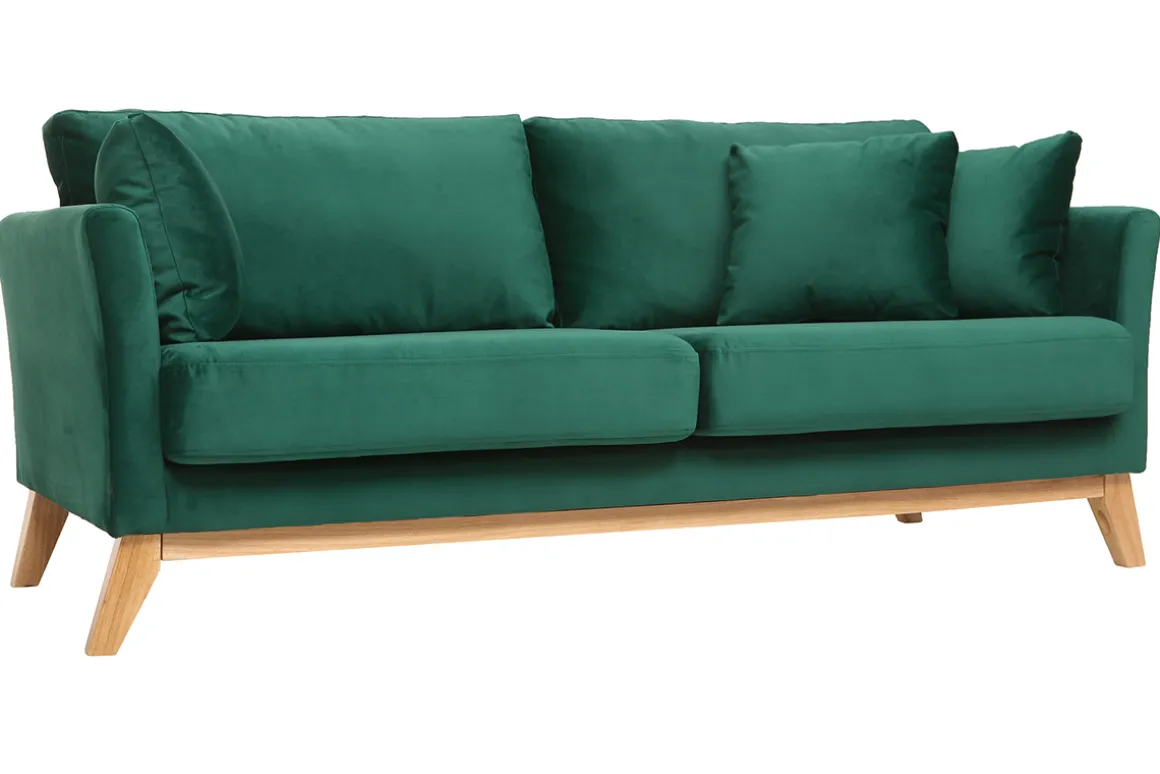 Miliboo Canapé Design|Voir Tous Les Canapés-Canapé scandinave déhoussable 3 places en tissu velours vert émeraude et bois clair OSLO