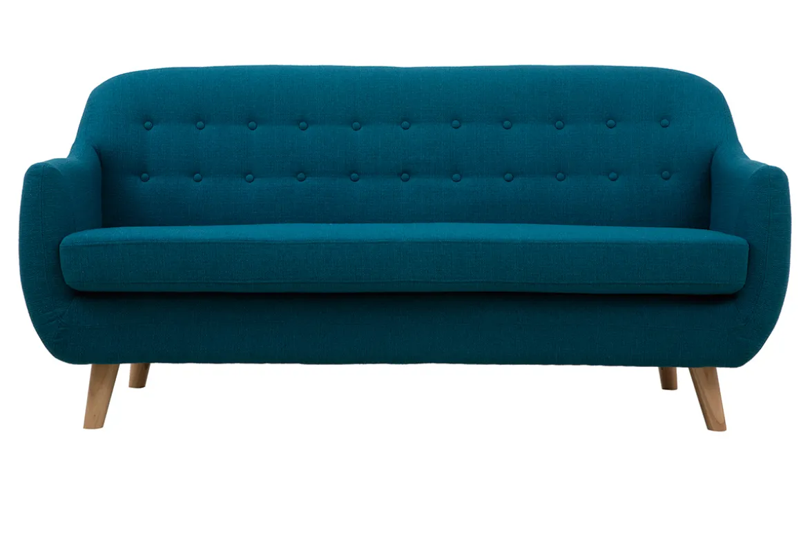 Miliboo Canapé Design|Voir Tous Les Canapés-Canapé scandinave déhoussable 3 places en tissu bleu canard et bois clair YNOK