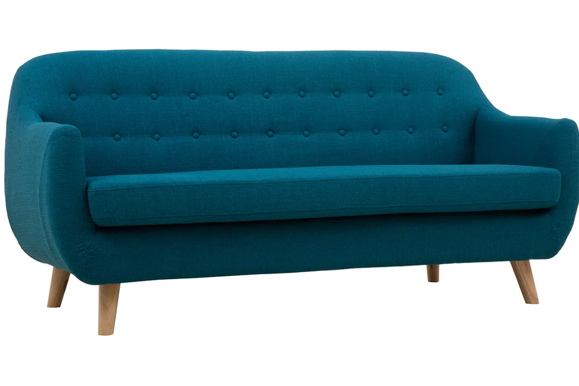 Miliboo Canapé Design|Voir Tous Les Canapés-Canapé scandinave déhoussable 3 places en tissu bleu canard et bois clair YNOK