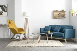 Miliboo Canapé Design|Voir Tous Les Canapés-Canapé scandinave déhoussable 3 places en tissu bleu canard et bois clair OSLO