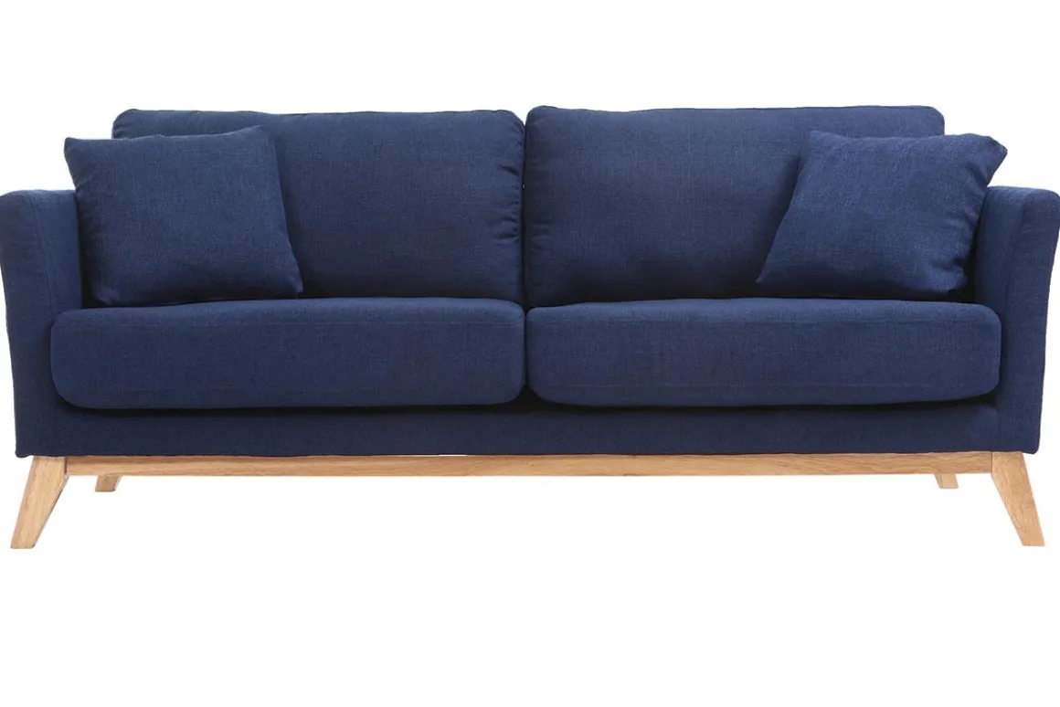 Miliboo Canapé Design|Voir Tous Les Canapés-Canapé scandinave déhoussable 3 places en tissu bleu foncé et bois clair OSLO