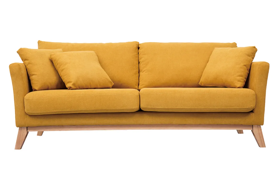 Miliboo Canapé Design|Voir Tous Les Canapés-Canapé scandinave déhoussable 3 places en tissu effet velours jaune moutarde et bois clair OSLO