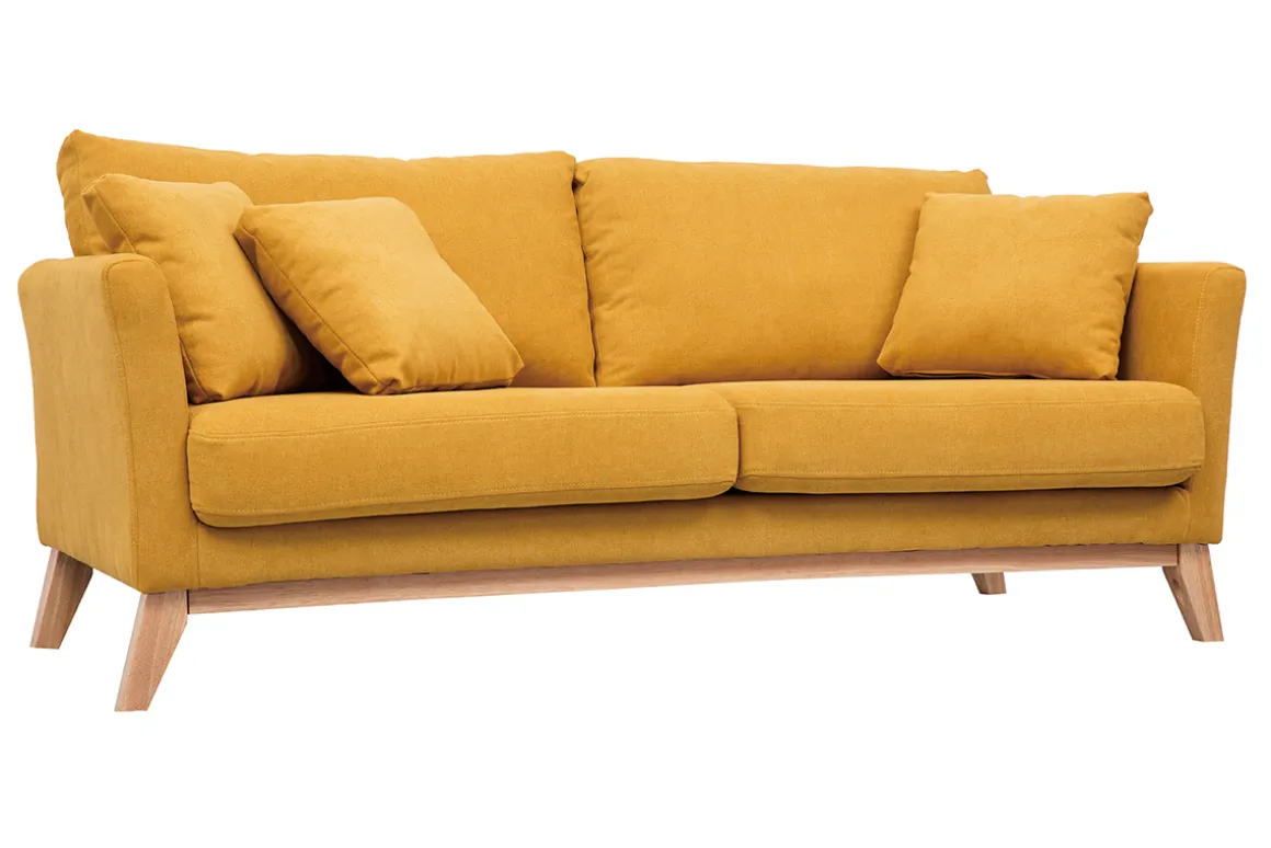 Miliboo Canapé Design|Voir Tous Les Canapés-Canapé scandinave déhoussable 3 places en tissu effet velours jaune moutarde et bois clair OSLO