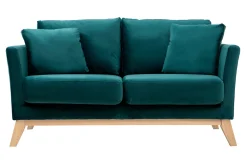 Miliboo Canapé Design|Voir Tous Les Canapés-Canapé scandinave déhoussable 2 places en tissu velours bleu pétrole et bois clair OSLO