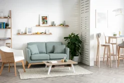 Miliboo Canapé Design|Voir Tous Les Canapés-Canapé scandinave déhoussable 2 places en tissu velours bleu pétrole et bois clair OSLO