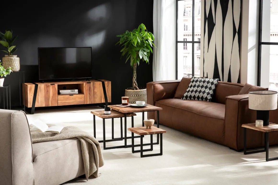 Miliboo Canapé Cuir|Voir Tous Les Canapés-Canapé vintage 3 places cuir marron et bois noir COBAIN