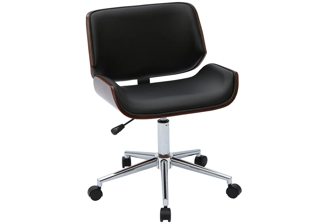 Miliboo Fauteuil De Bureau|Fauteuil De Bureau Petit Prix-Chaise de bureau à roulettes design noir, bois foncé noyer et acier chromé RUBBENS