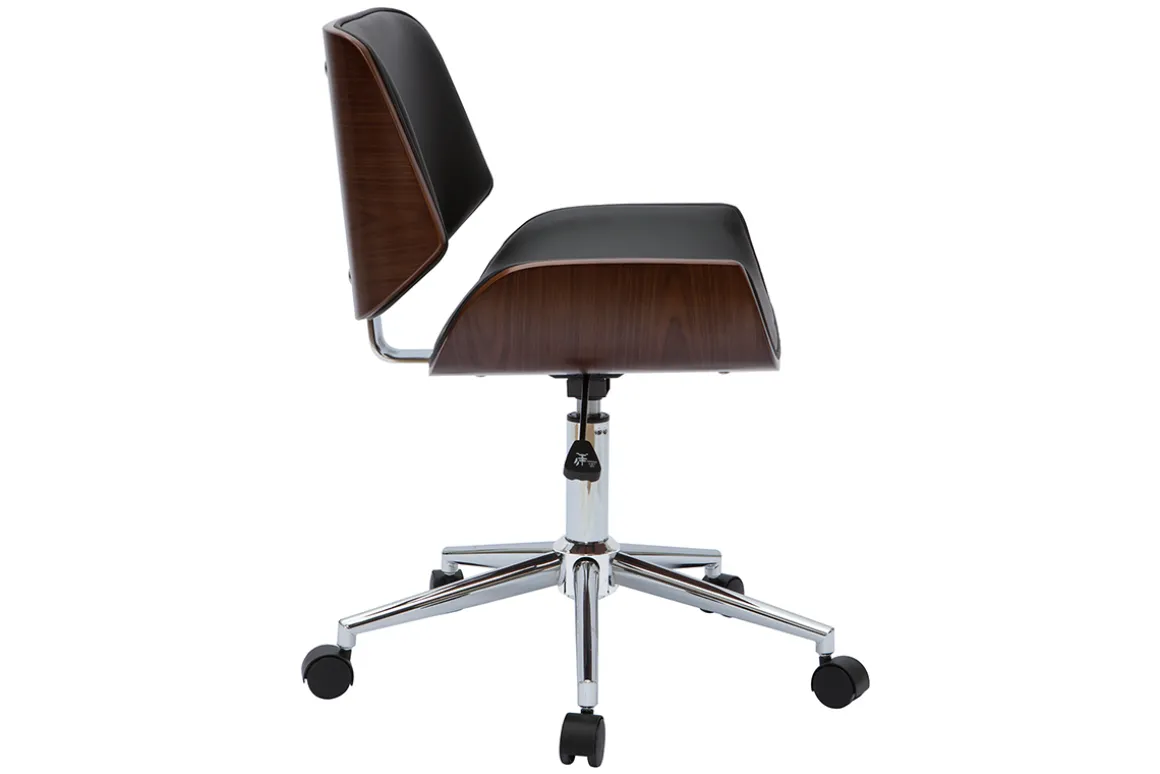Miliboo Fauteuil De Bureau|Fauteuil De Bureau Petit Prix-Chaise de bureau à roulettes design noir, bois foncé noyer et acier chromé RUBBENS