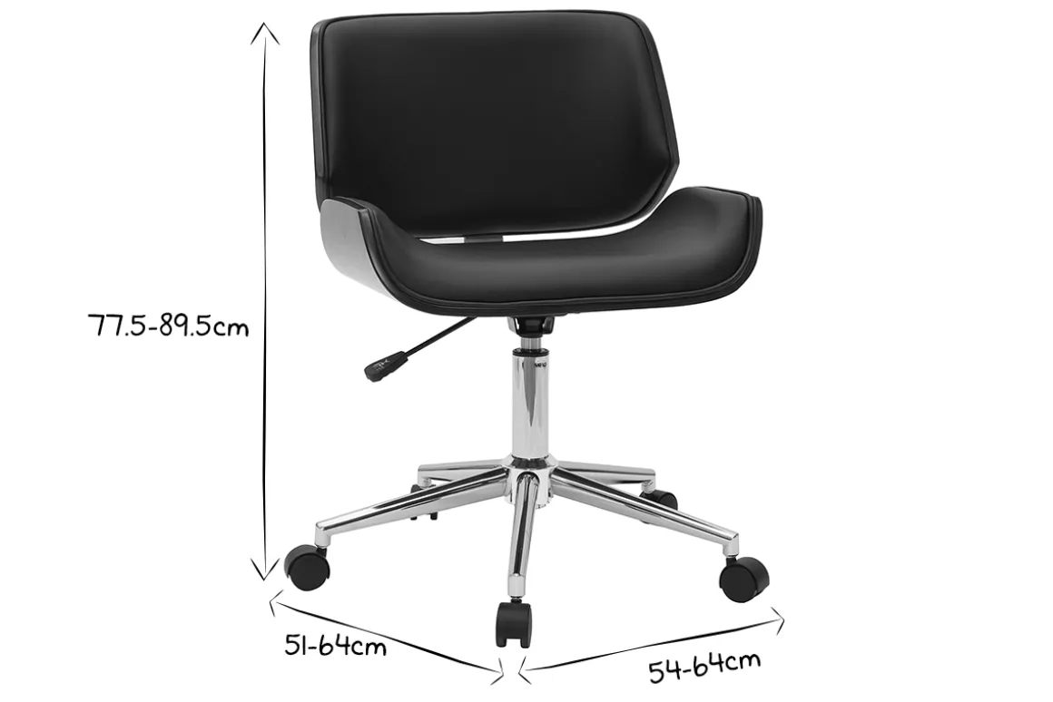 Miliboo Fauteuil De Bureau|Fauteuil De Bureau Petit Prix-Chaise de bureau à roulettes design noir, bois foncé noyer et acier chromé RUBBENS